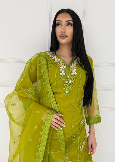 UMR802 - Mendhi Green Organza Suit - Memsaab Online