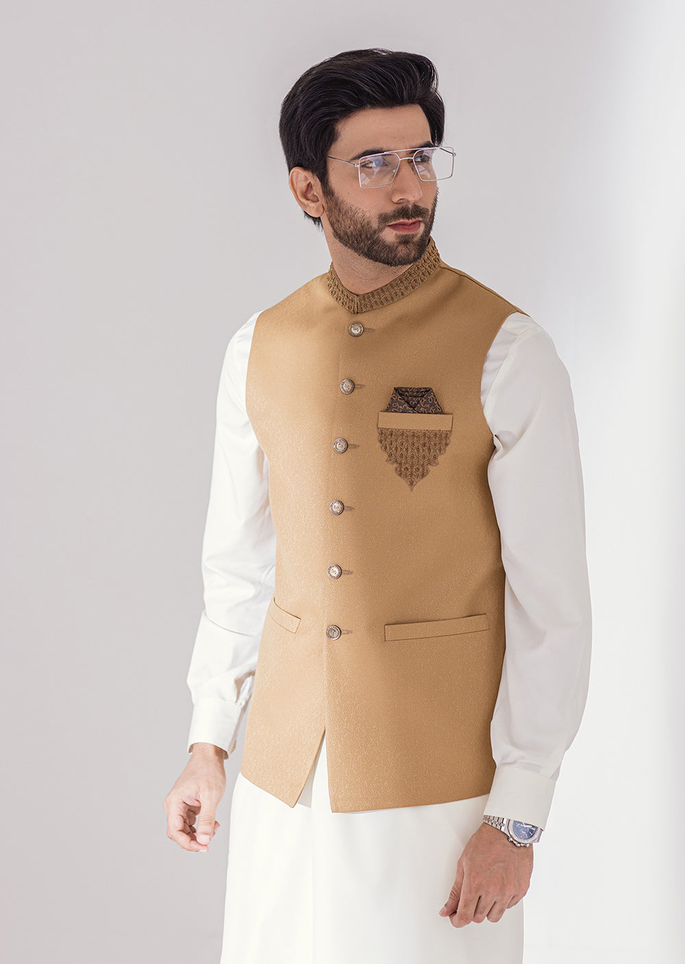 W-2103 - Gold - Mens Fancy Waist Coat 2024 - Memsaab Online