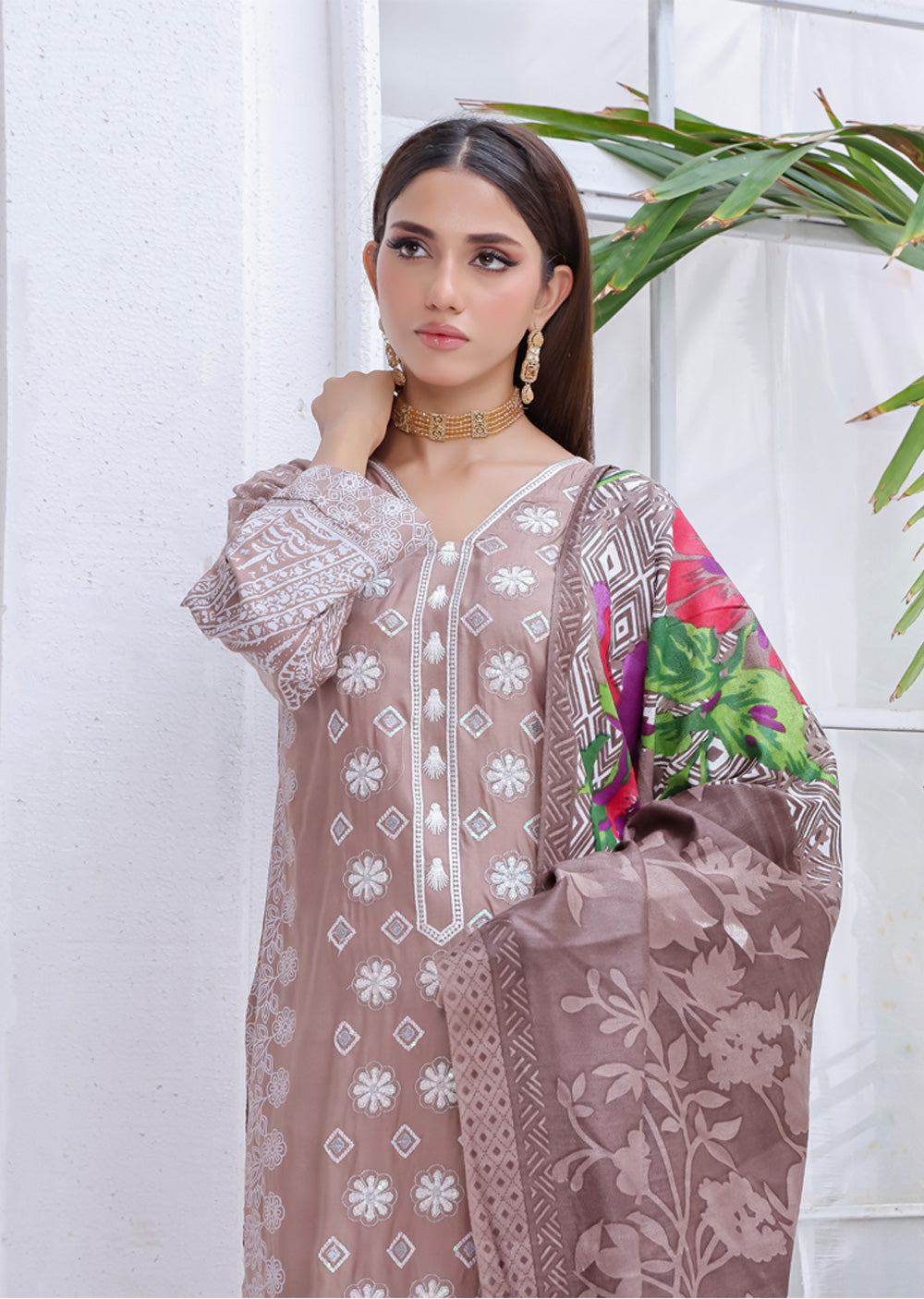 AMT5103 - Brown Readymade LInen Shawl Suit - Memsaab Online