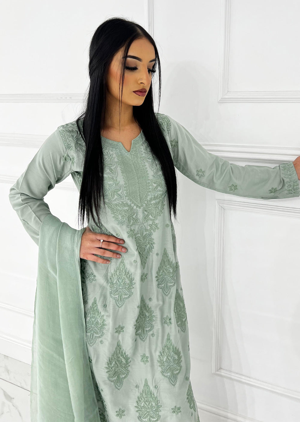 HK295 - Green - Mummy n Me Linen Outfit - Memsaab Online