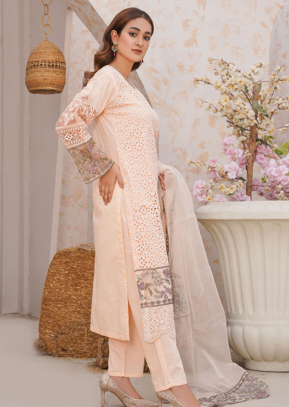 ANI101 Peach readymade Chickenkari Suit - Memsaab Online