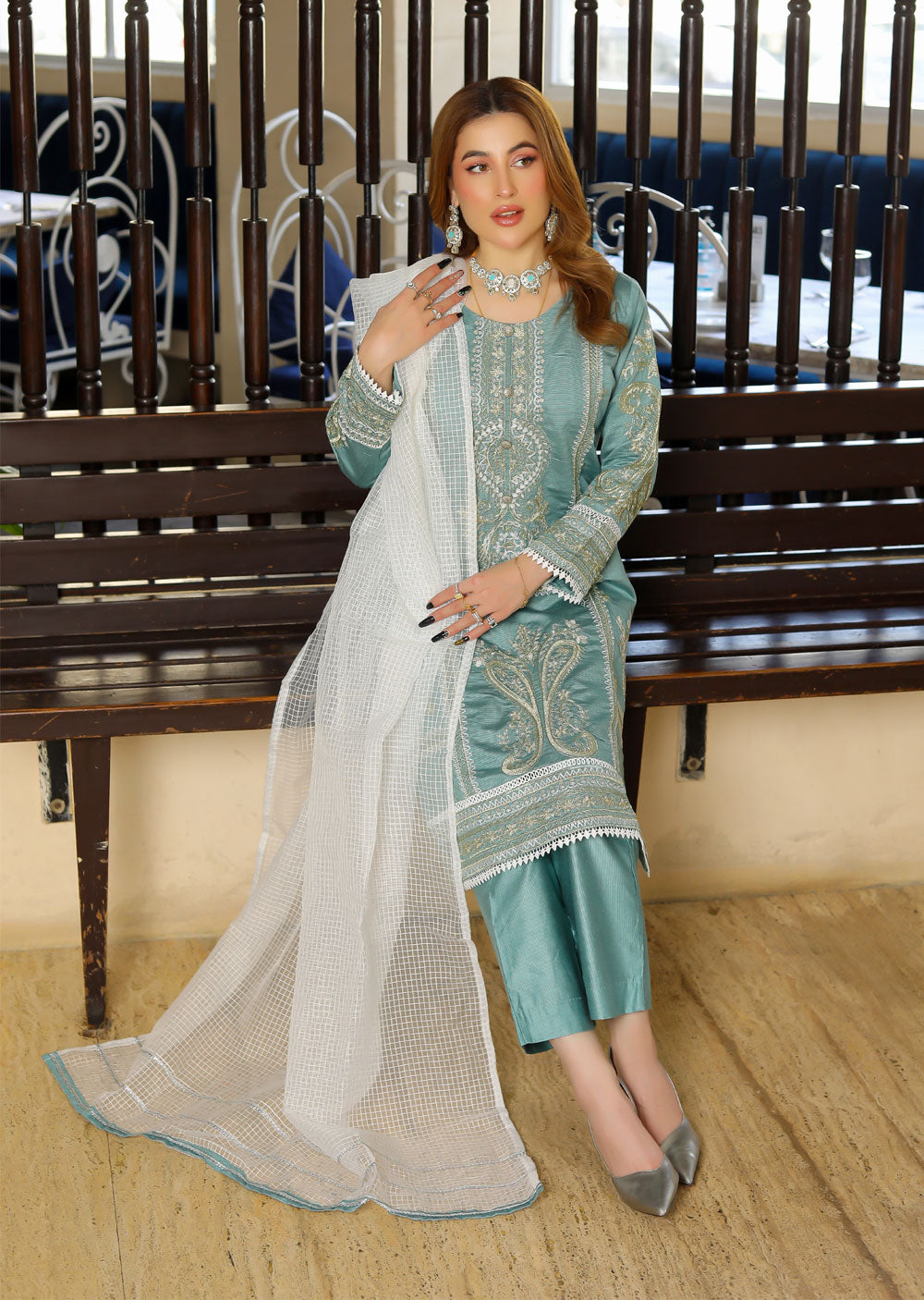 KLD304 Effat - Cyan Readymade Khadi Net Suit - Memsaab Online