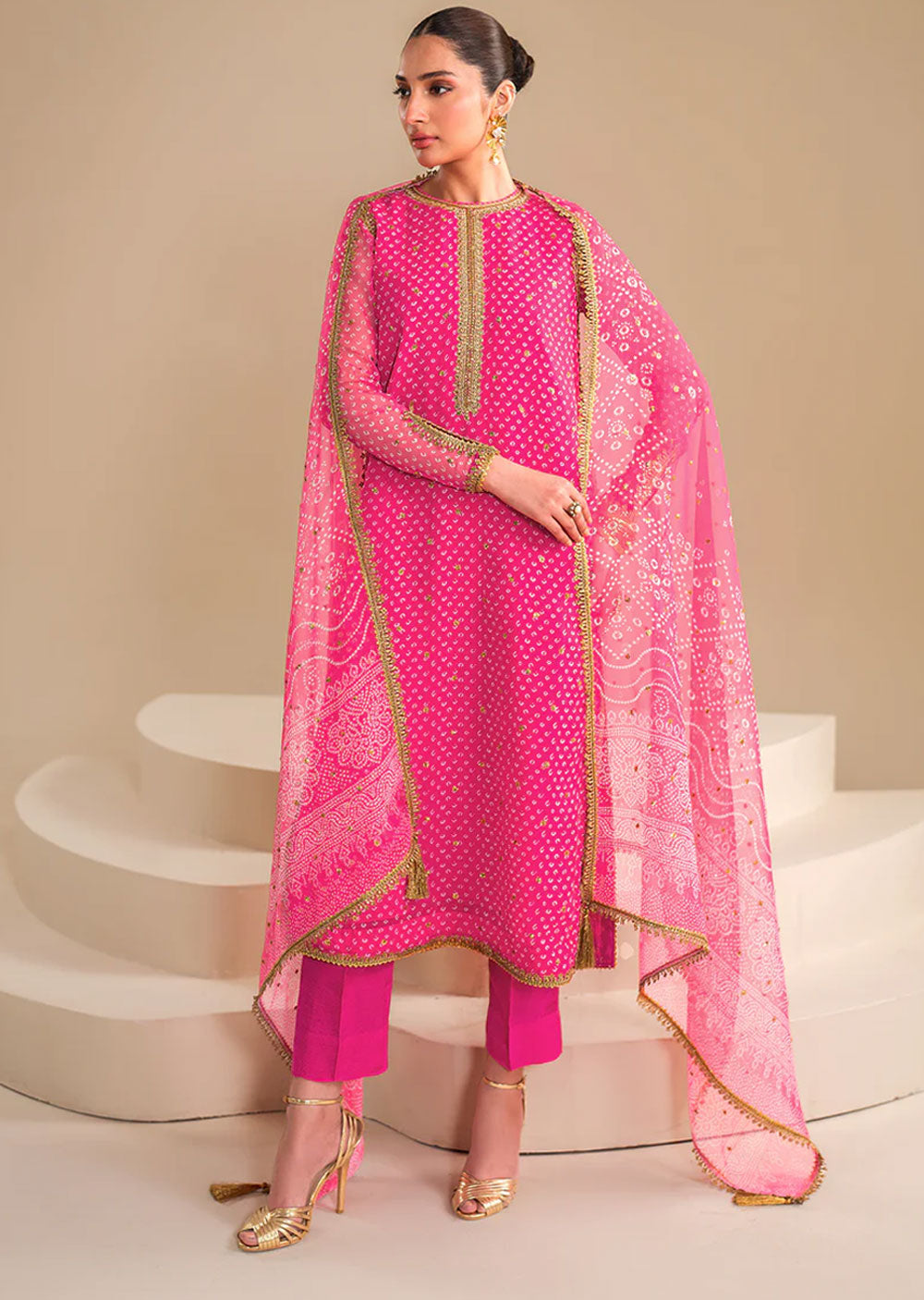 UF-626 - Hotpink - Readymade - Baroque Embroidered Chiffon Suit 2024 - Memsaab Online