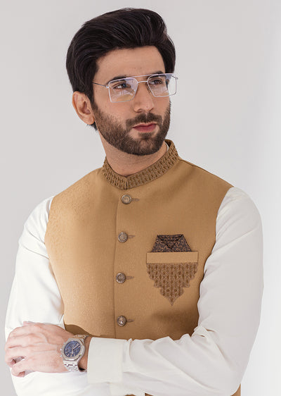 W-2103 - Gold - Mens Fancy Waist Coat 2024 - Memsaab Online