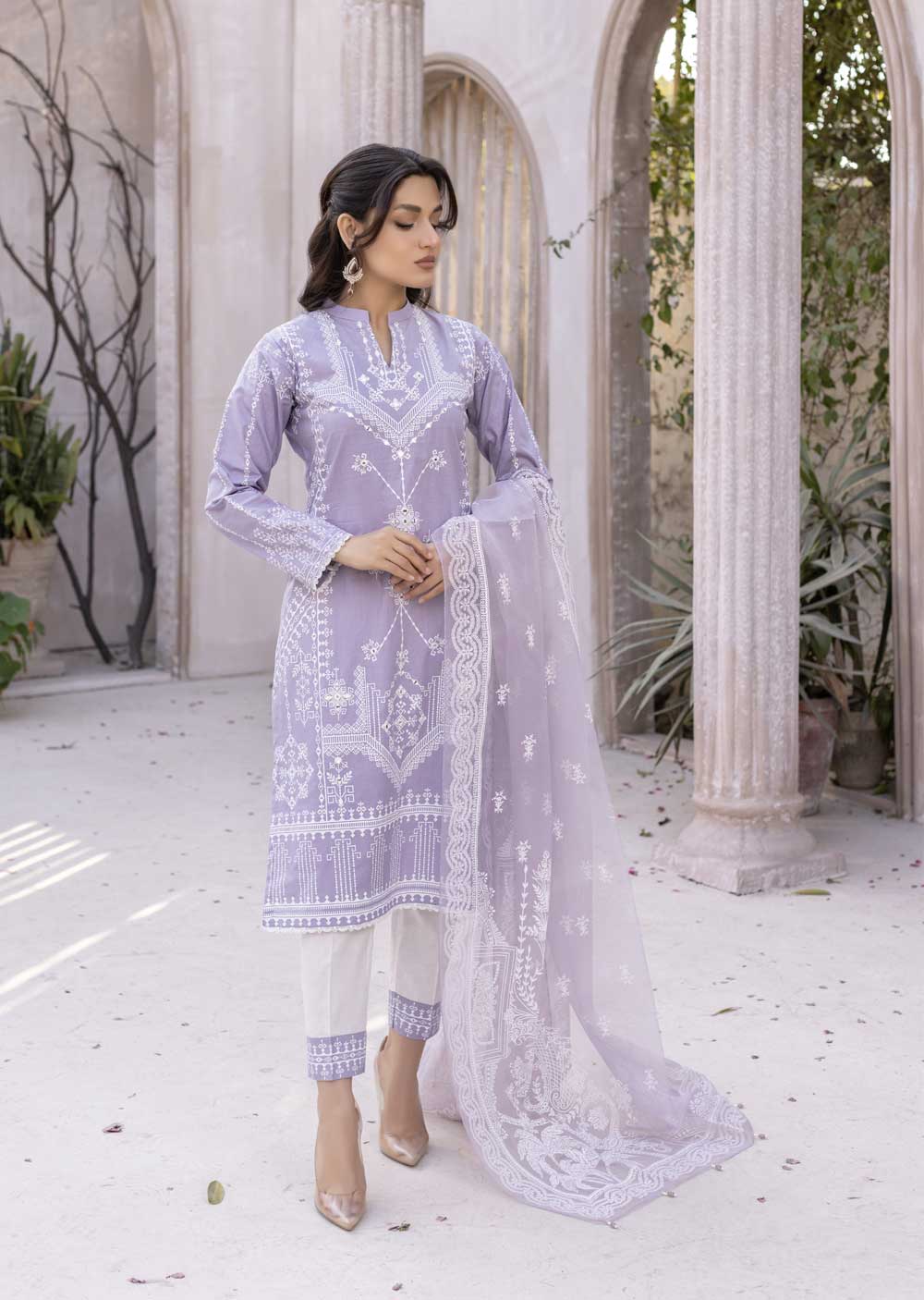 MDM-59 - Lilac Embroidered Cotton Suit - Memsaab Online
