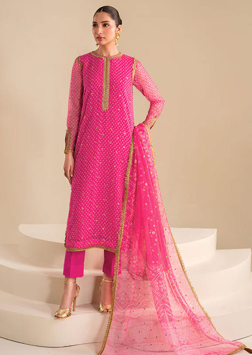 UF-626 - Hotpink - Readymade - Baroque Embroidered Chiffon Suit 2024 - Memsaab Online