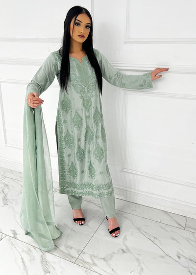 HK295 - Green - Mummy n Me Linen Outfit - Memsaab Online