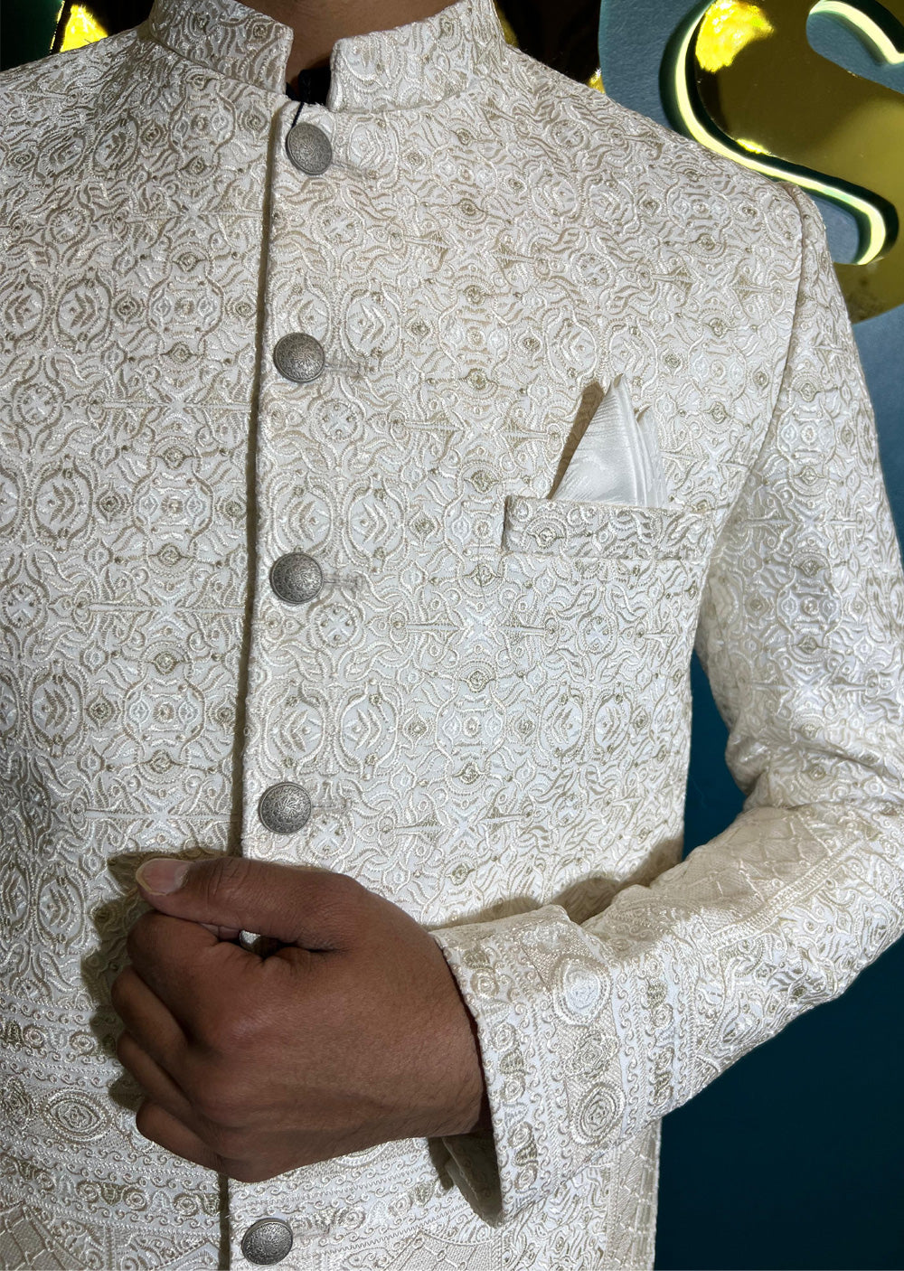 PC-703 - White Mens Embroidered Prince Coat - Memsaab Online