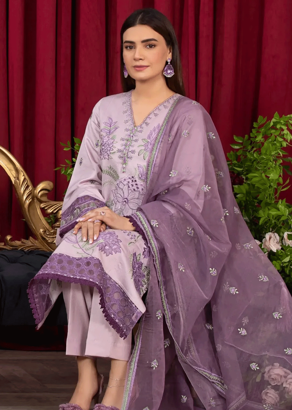 HSS-162 - Readymade - Royal Lilac Embroidered Suit by Heeras - Memsaab Online