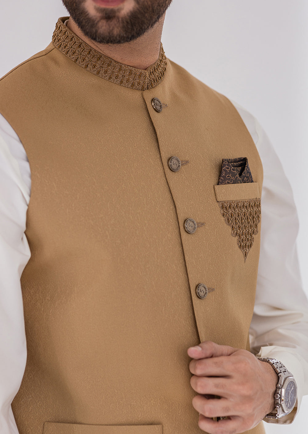 W-2103 - Gold - Mens Fancy Waist Coat 2024 - Memsaab Online