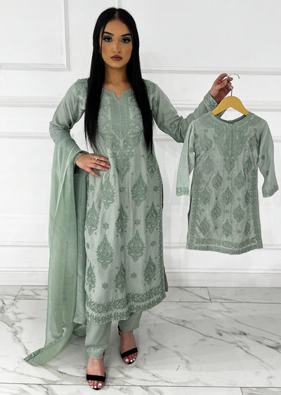 HK295 - Green - Mummy n Me Linen Outfit - Memsaab Online