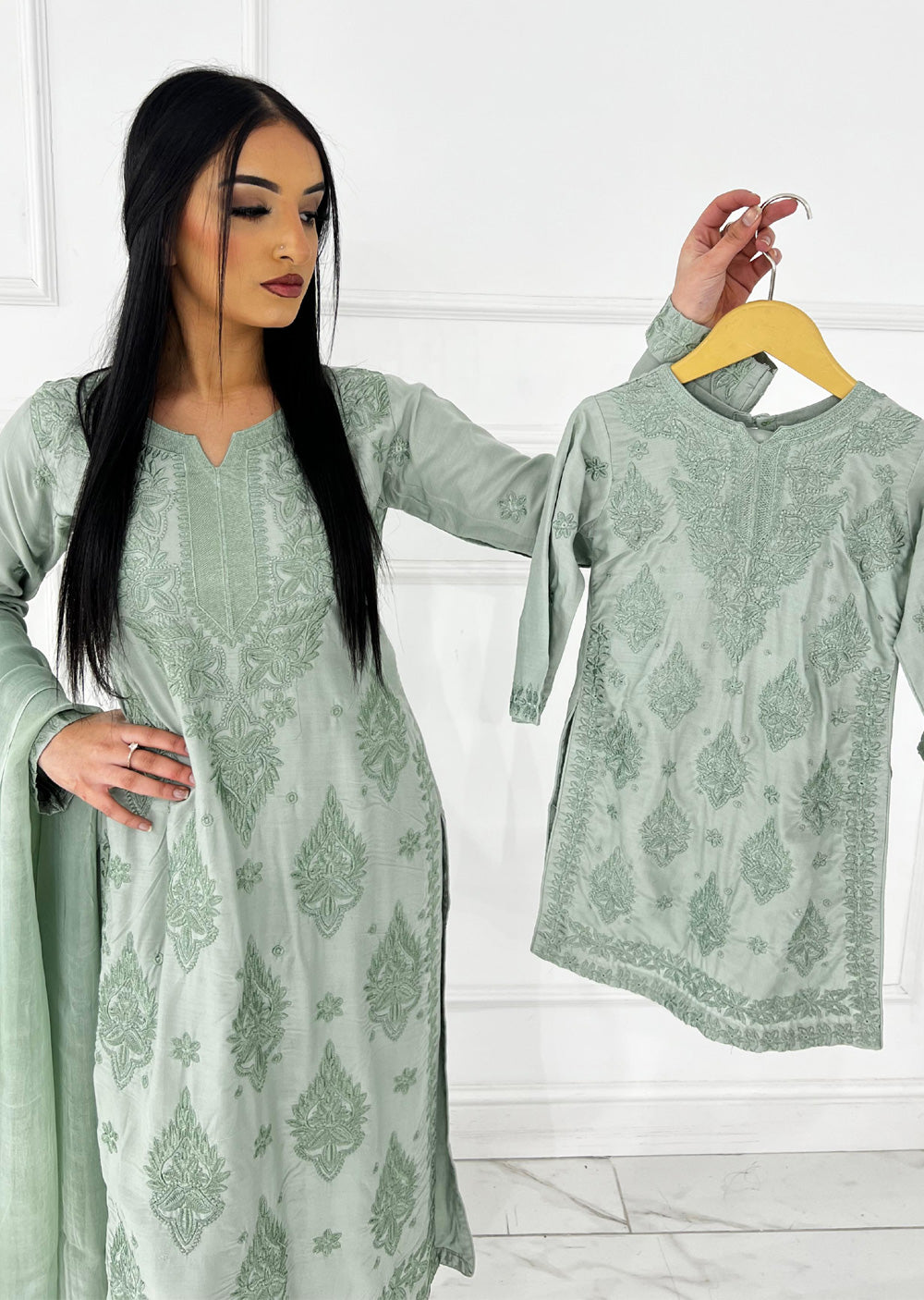 HK295 - Green - Mummy n Me Linen Outfit - Memsaab Online