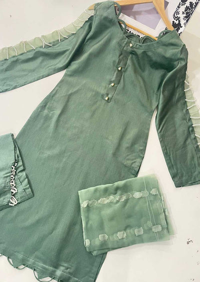 ASK401 Pearl Lustre - Green Readymade Khadi Net Suit - Memsaab Online