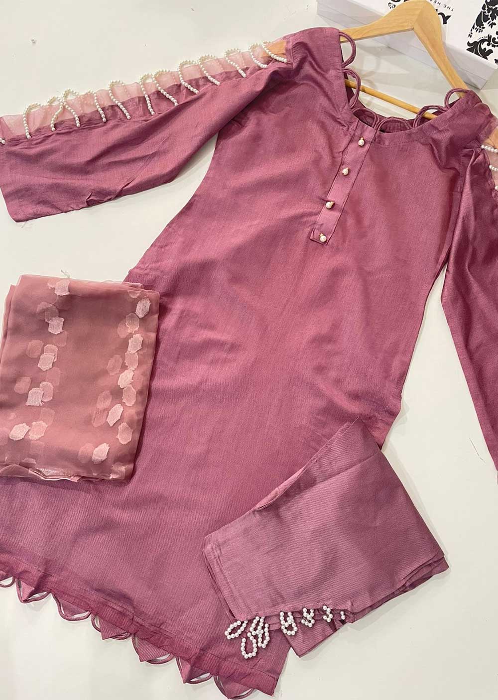ASK401 Pearl Lustre - Pink Readymade Khadi Net Suit - Memsaab Online