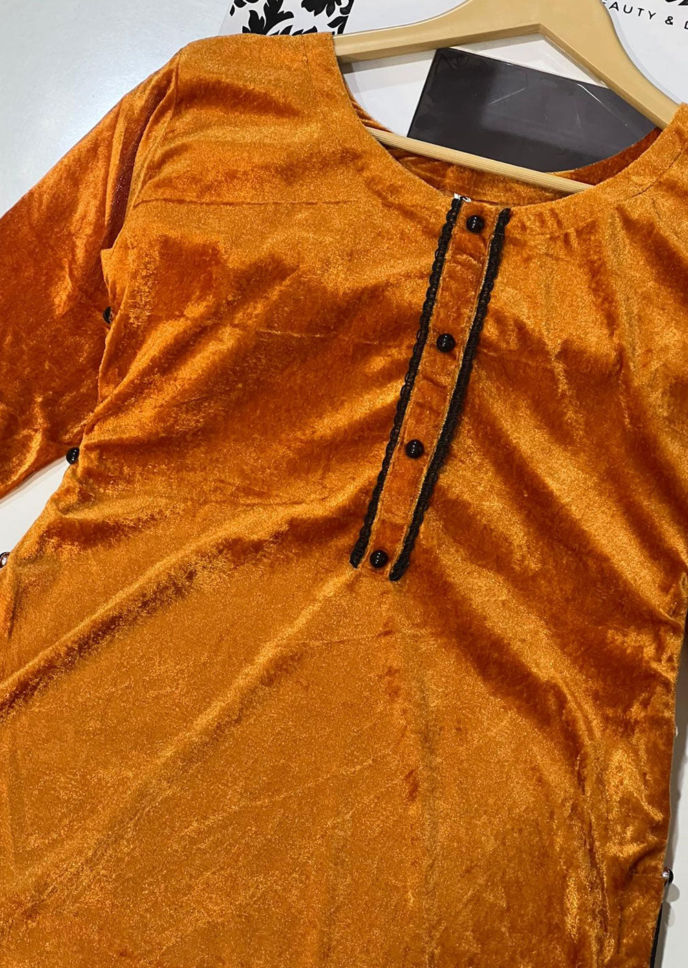 ASK402 Orange Readymade 2 Piece Velvet Suit - Memsaab Online