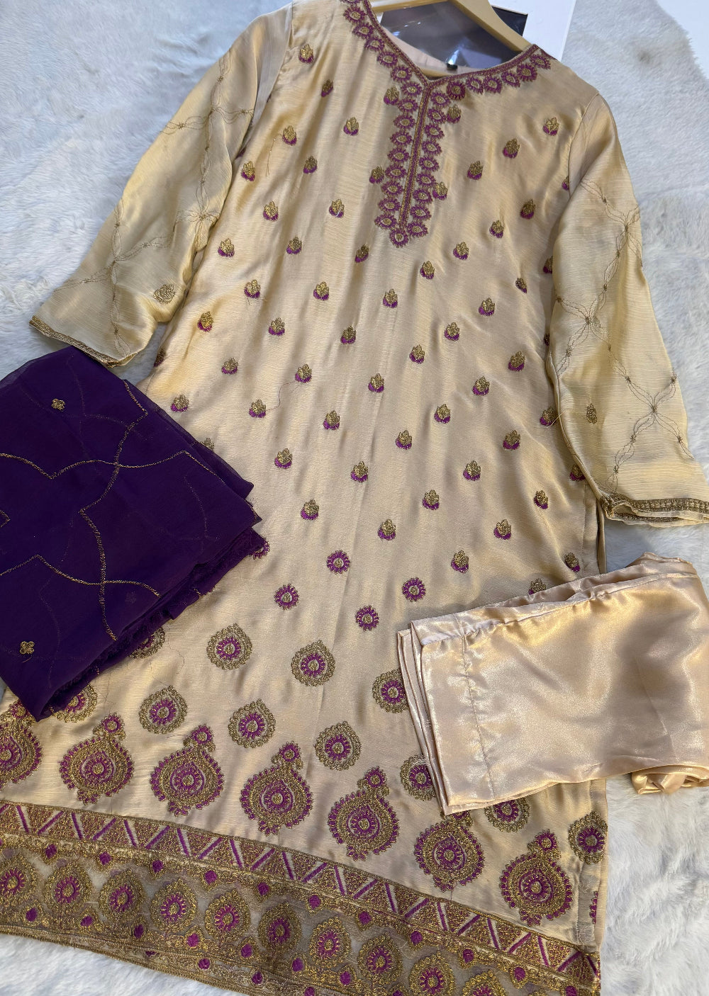 HSS-70 Gold/Purple Readymade Cotton Suit - Memsaab Online