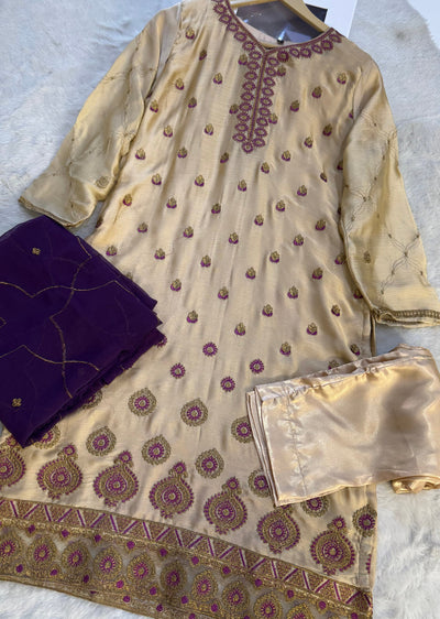 HSS-70 Gold/Purple Readymade Cotton Suit - Memsaab Online