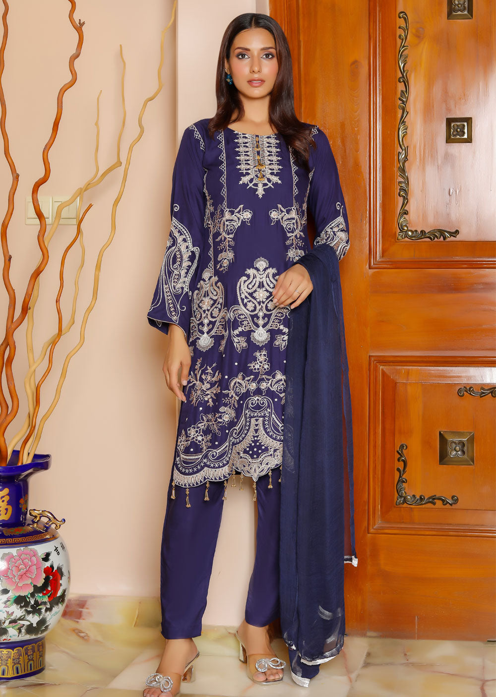 HK207 Rida Readymade Navy Linen Suit - Memsaab Online