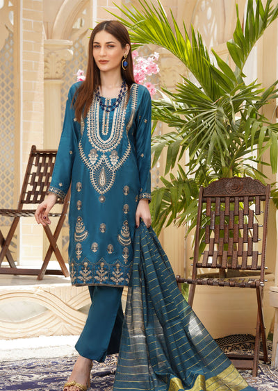 KLD206 Moeez - Teal Readymade Viscose Suit - Memsaab Online