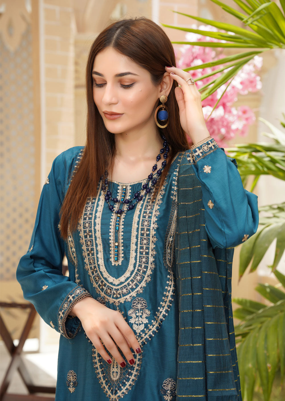 KLD206 Moeez - Teal Readymade Viscose Suit - Memsaab Online