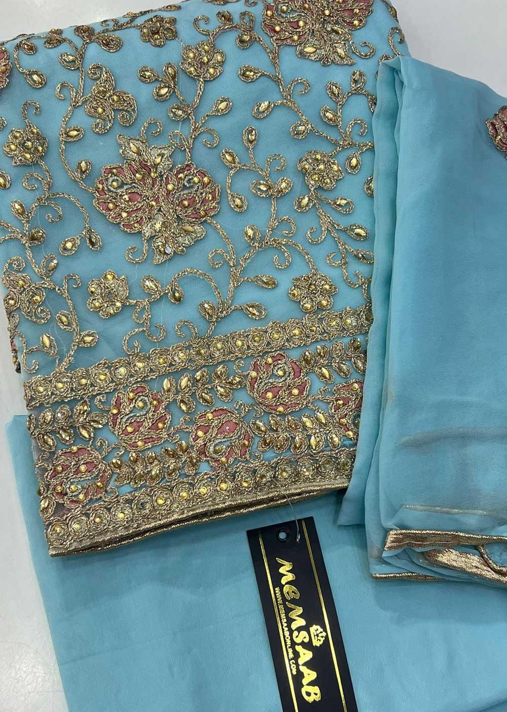 ATQ4243 Unstitched Turquoise Net Suit - Memsaab Online