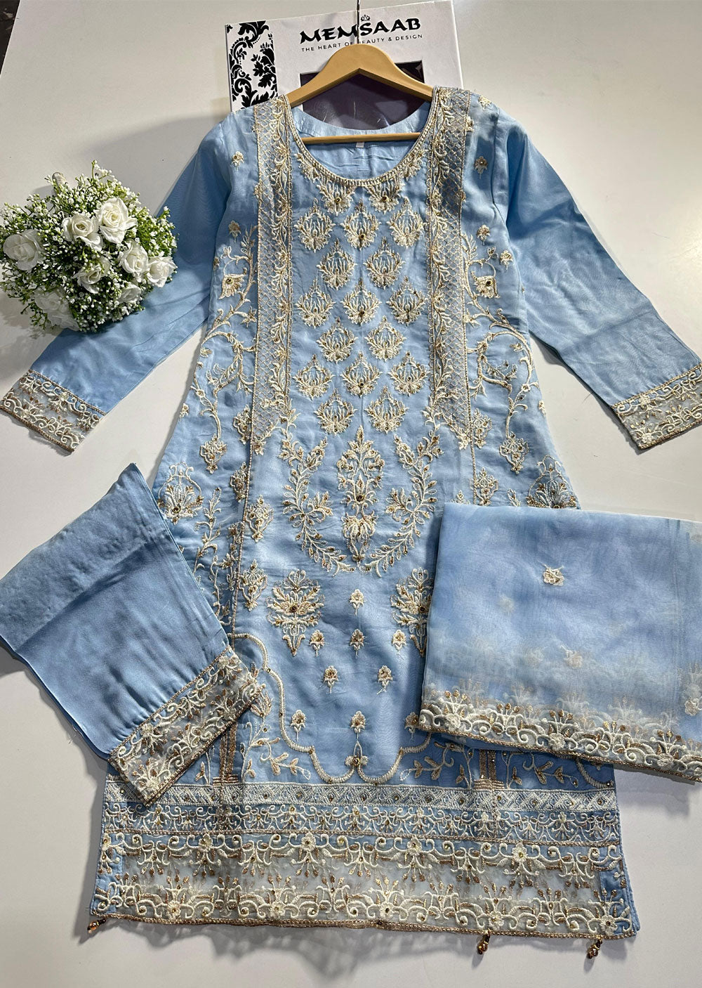 ASK642 Readymade Organza Blue Suit - Memsaab Online