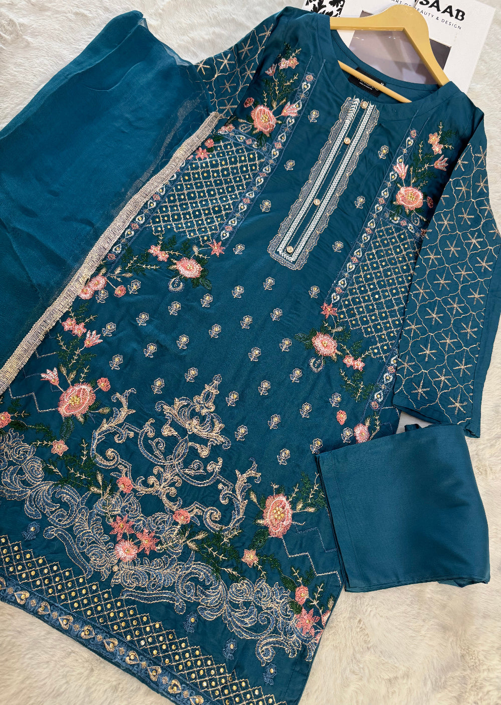 HK110 Safia - Teal Readymade Linen Suit - Memsaab Online