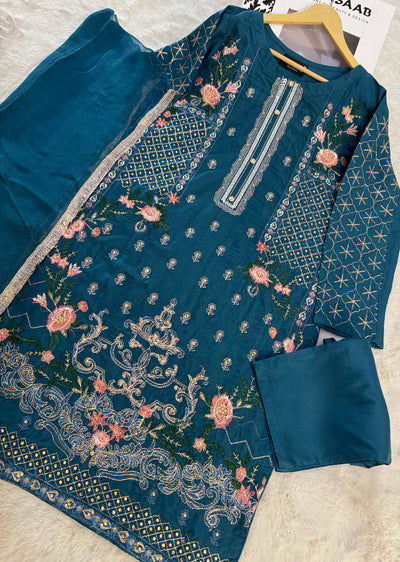 HK110 Safia - Teal Readymade Linen Suit - Memsaab Online