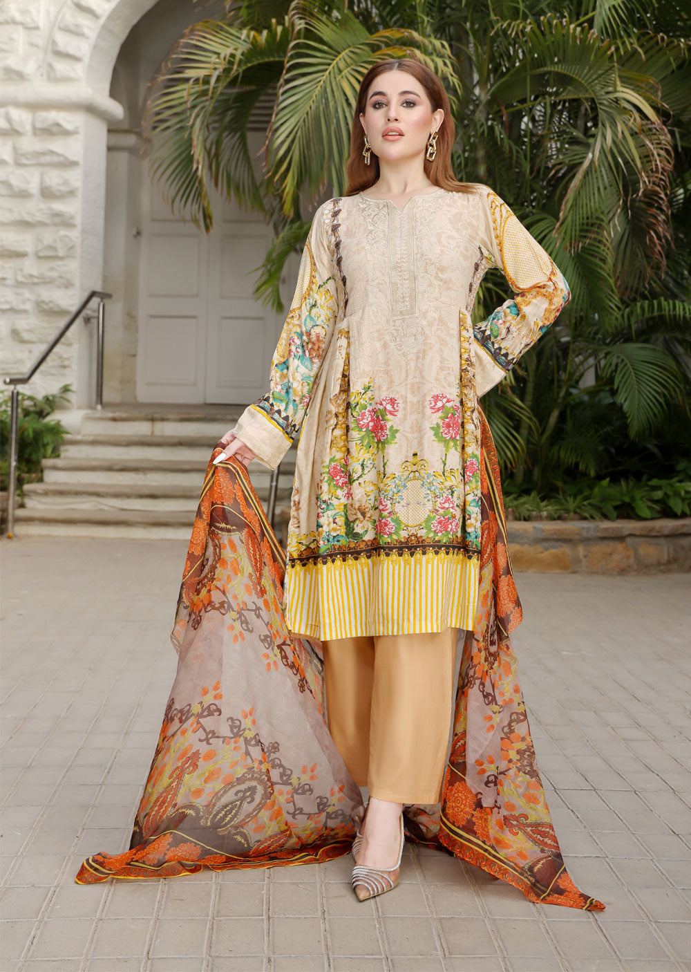 AMT48016 - Gold Readymade Lawn Suit - Memsaab Online