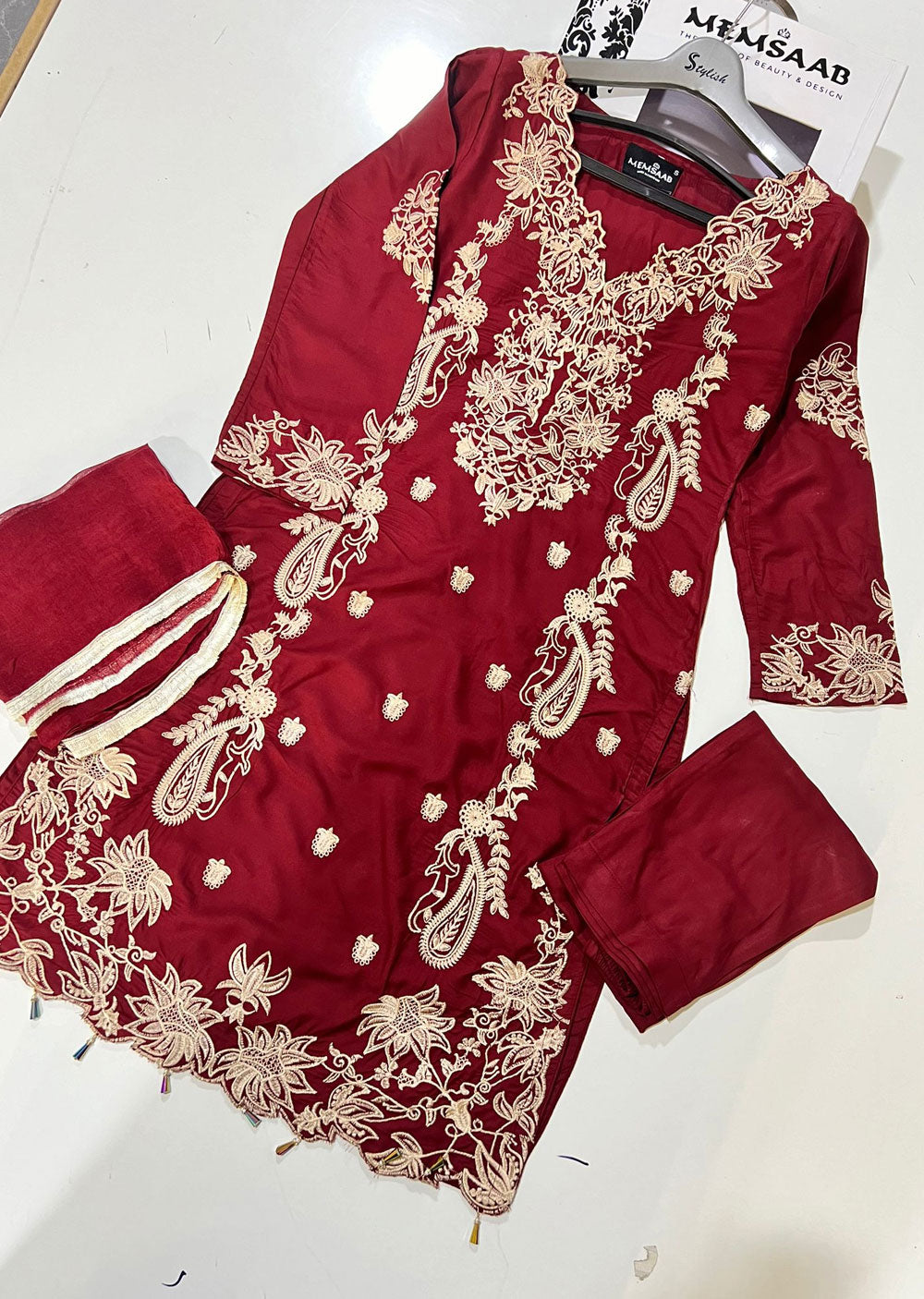 HK246 Rainma - Maroon Readymade Linen Suit - Memsaab Online