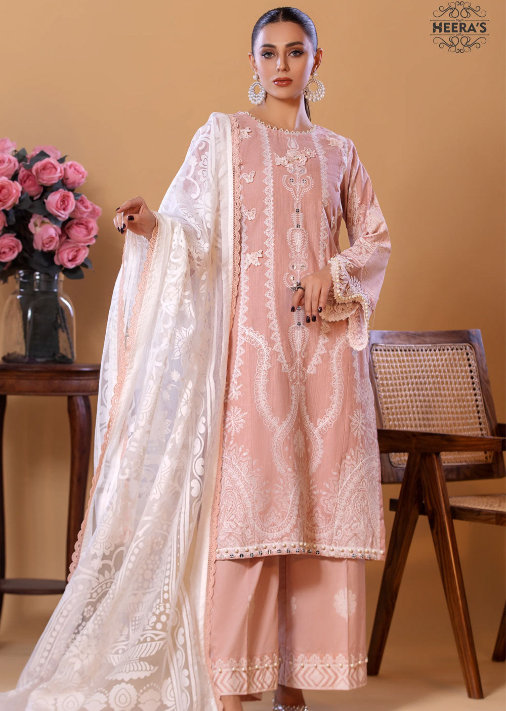 HSS-147 - Readymade Peach Cotton Suit - Memsaab Online