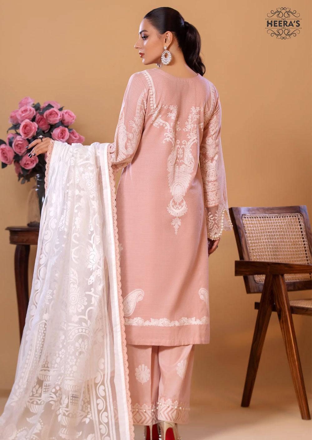 HSS-147 - Readymade Peach Cotton Suit - Memsaab Online