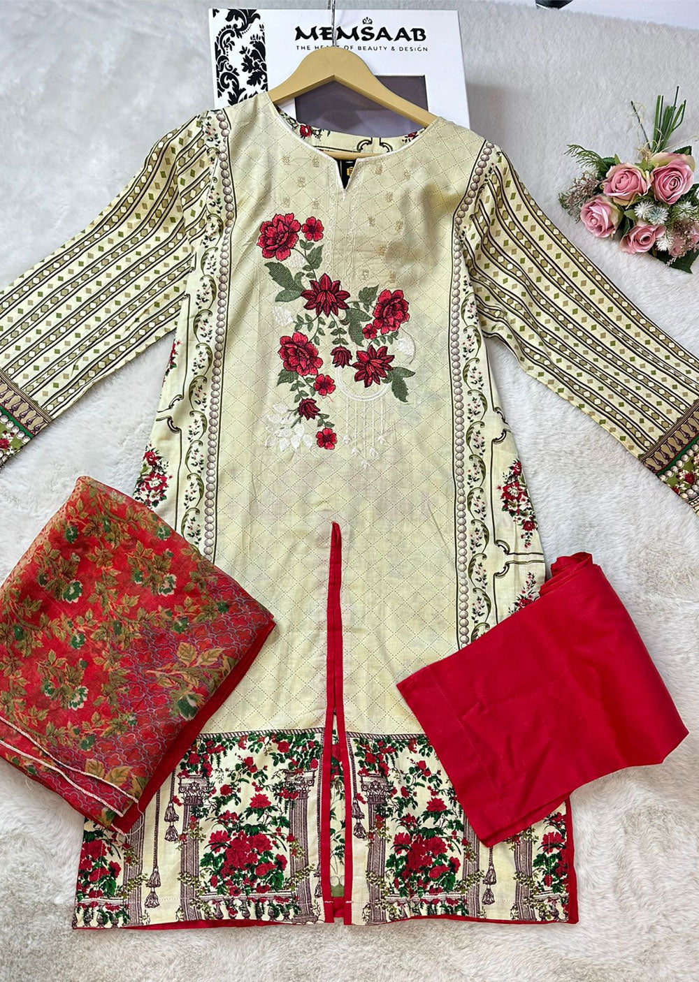 AMT4803 - Gold Readymade Lawn Suit - Memsaab Online