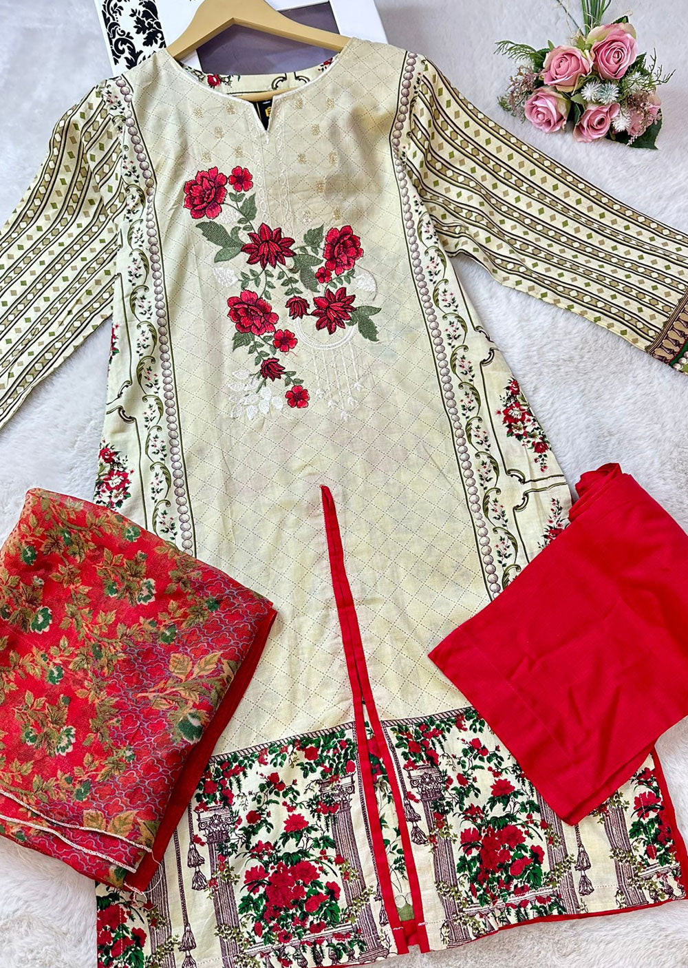 AMT4803 - Gold Readymade Lawn Suit - Memsaab Online