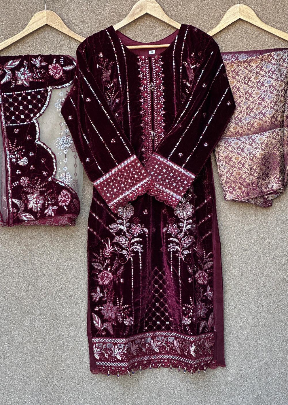 UJK-03 - Maroon - Readymade - Florine Velvet Suit 2025 - Memsaab Online