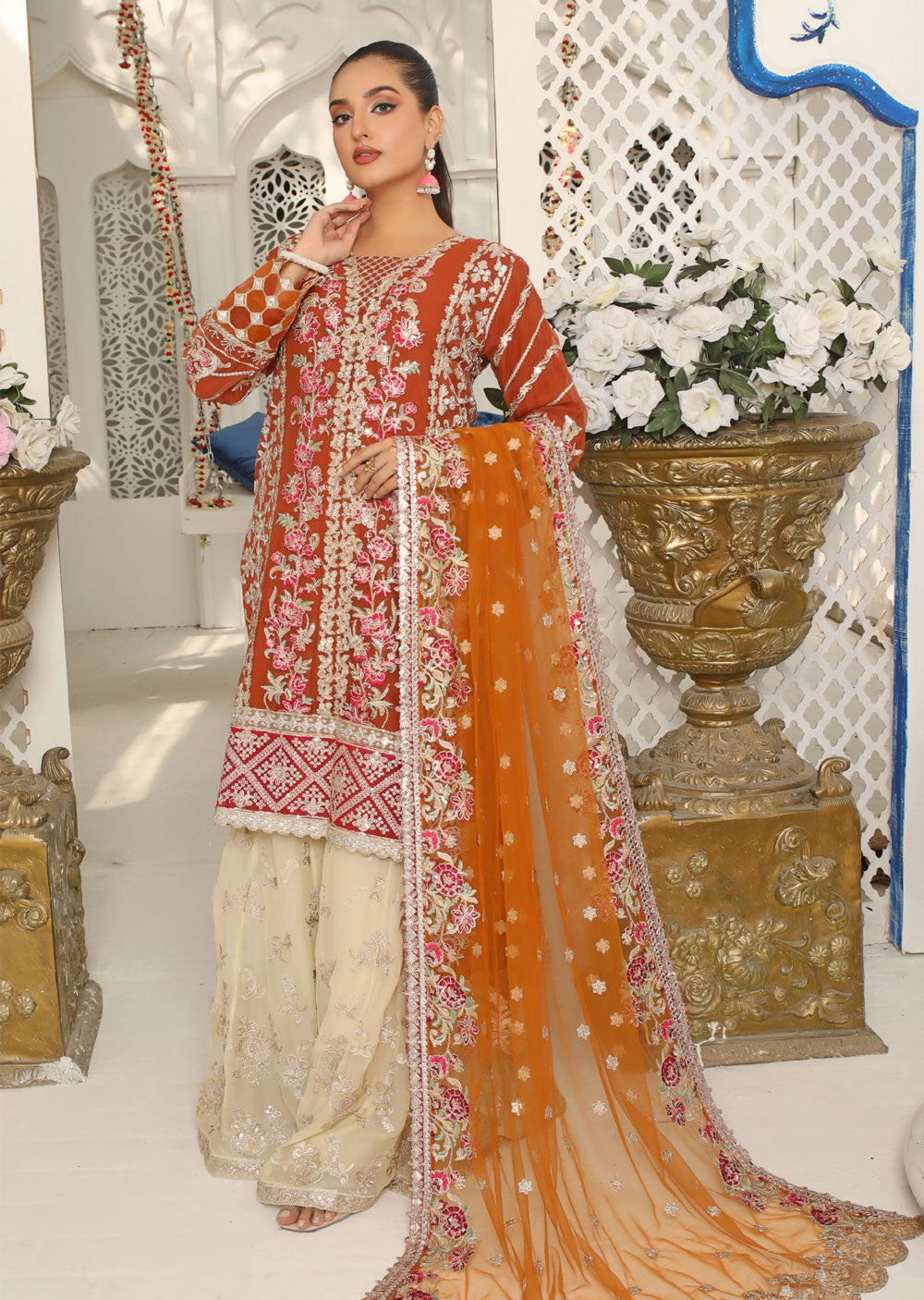 ZN1951 Rust Readymade Chiffon Suit - Memsaab Online