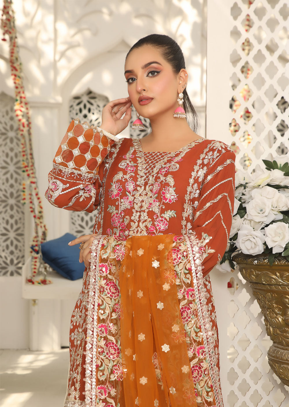 ZN1951 Rust Readymade Chiffon Suit - Memsaab Online