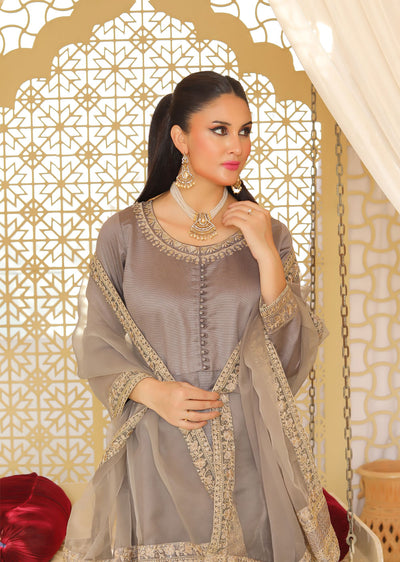 KLD318 / KLD1037 Iman - Grey Readymade Khadi Net Suit - Memsaab Online