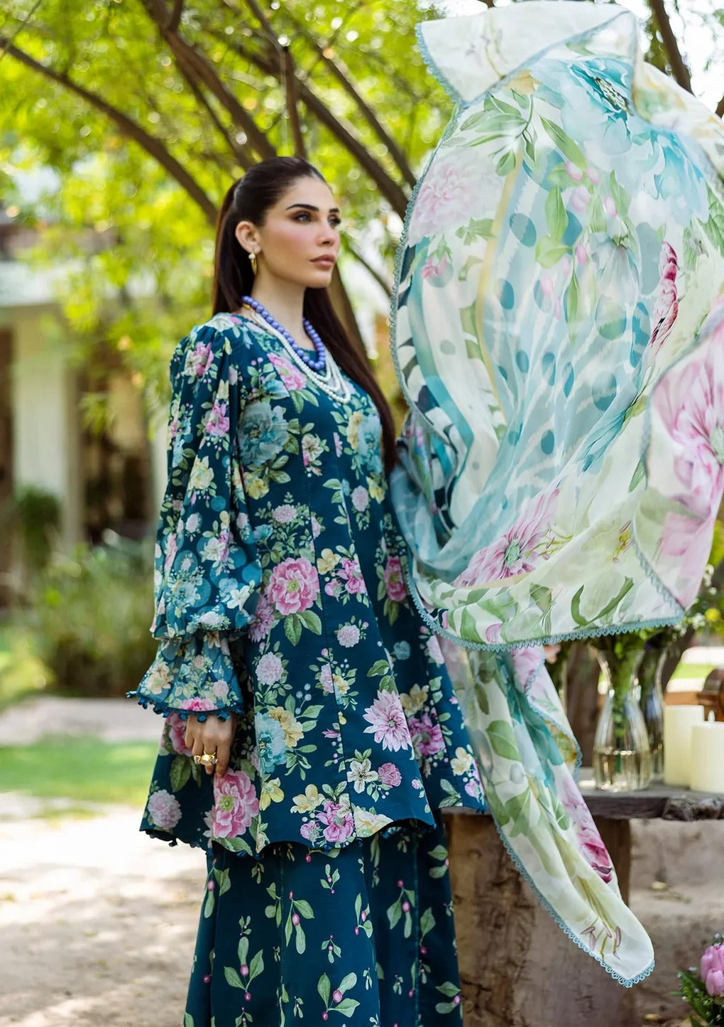 ELFECD-01-B- Azure Fern - Readymade - Elaf Prints Collection 2025 - Memsaab Online