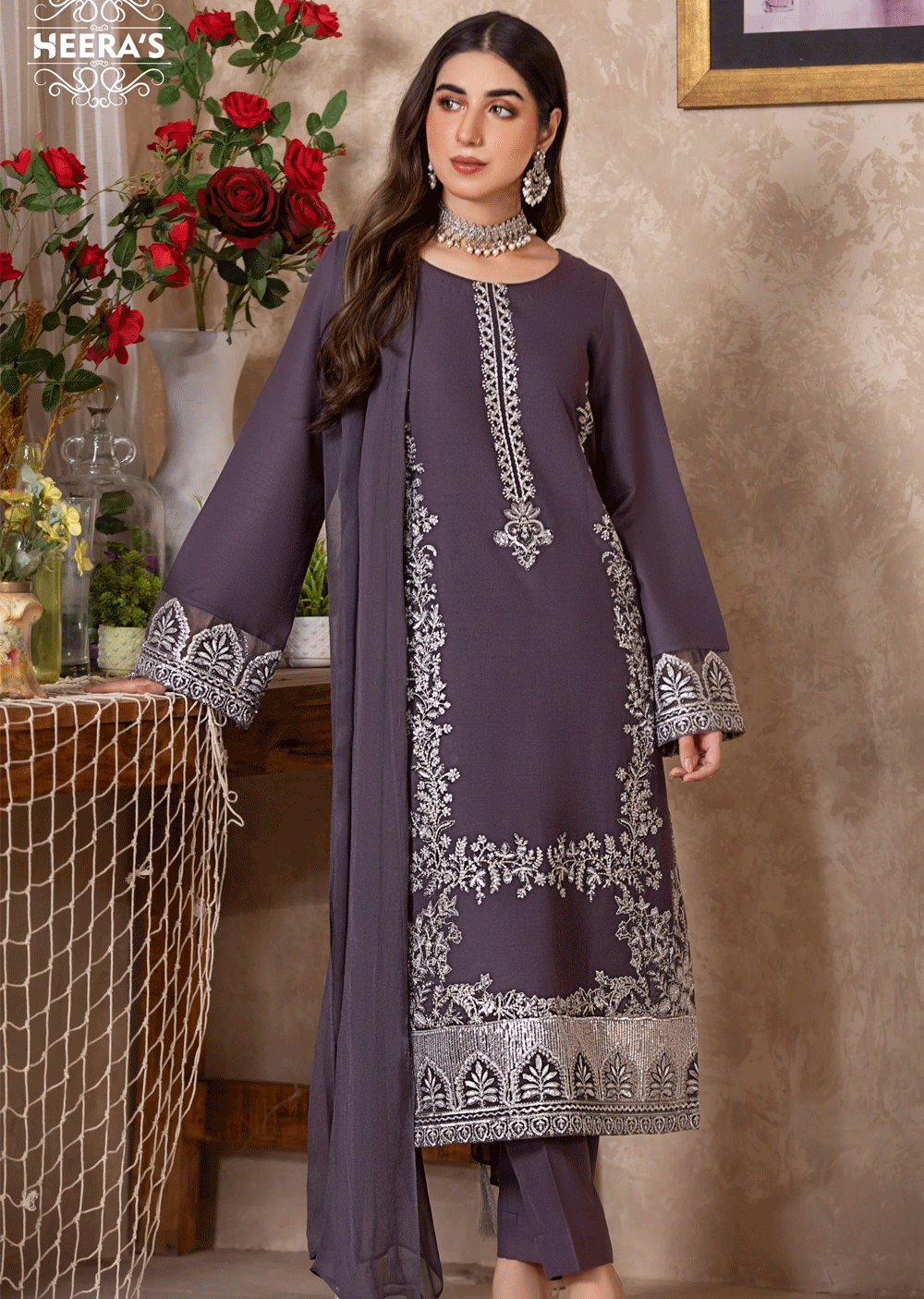 HSS-163 - Readymade - Classic Dhanak Delight Embroidered Suit by Heeras - Memsaab Online