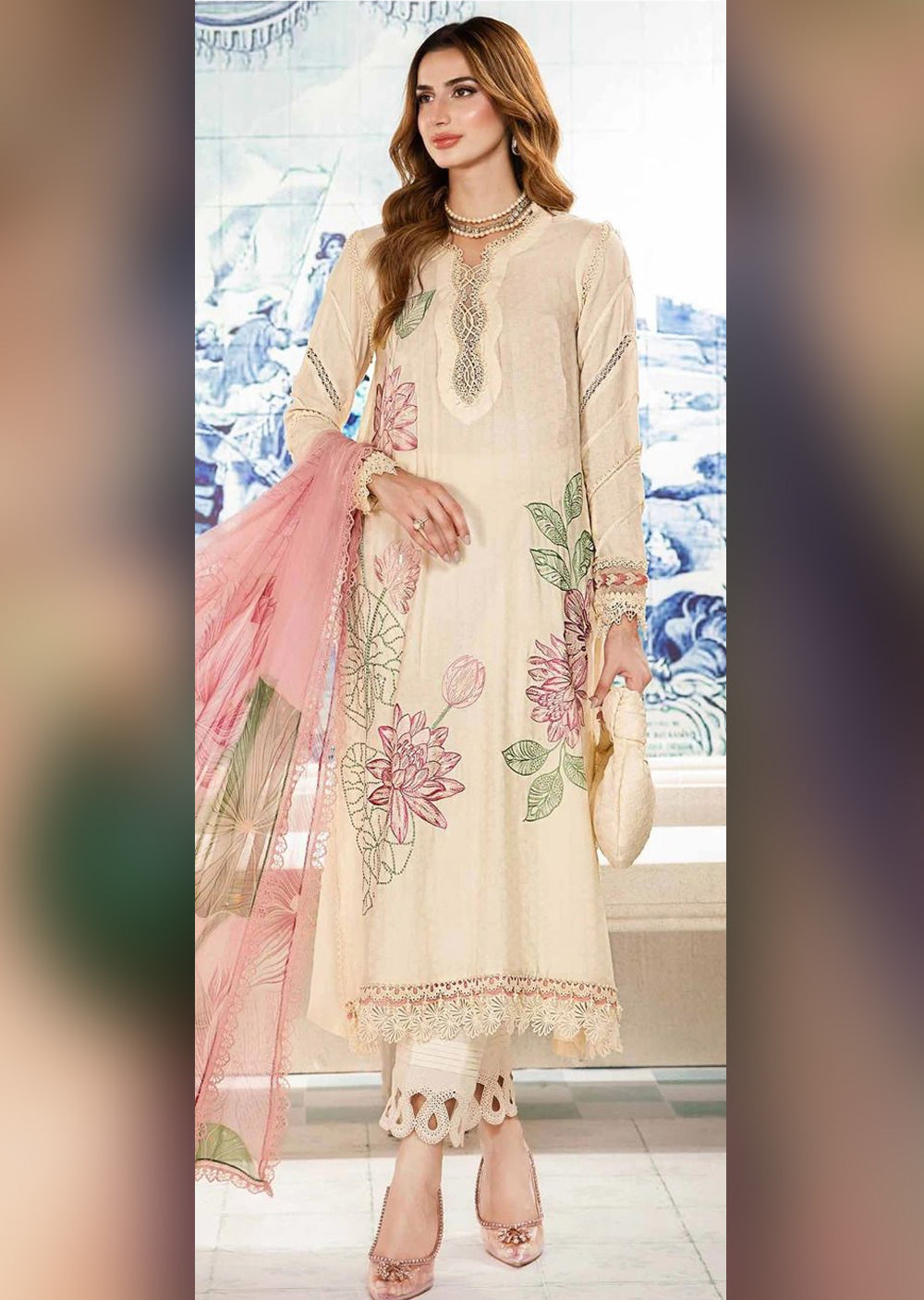 BTUR-05 - Cream - Unstitched - Baroque Inspired Dhanak Suit 2025 - Memsaab Online