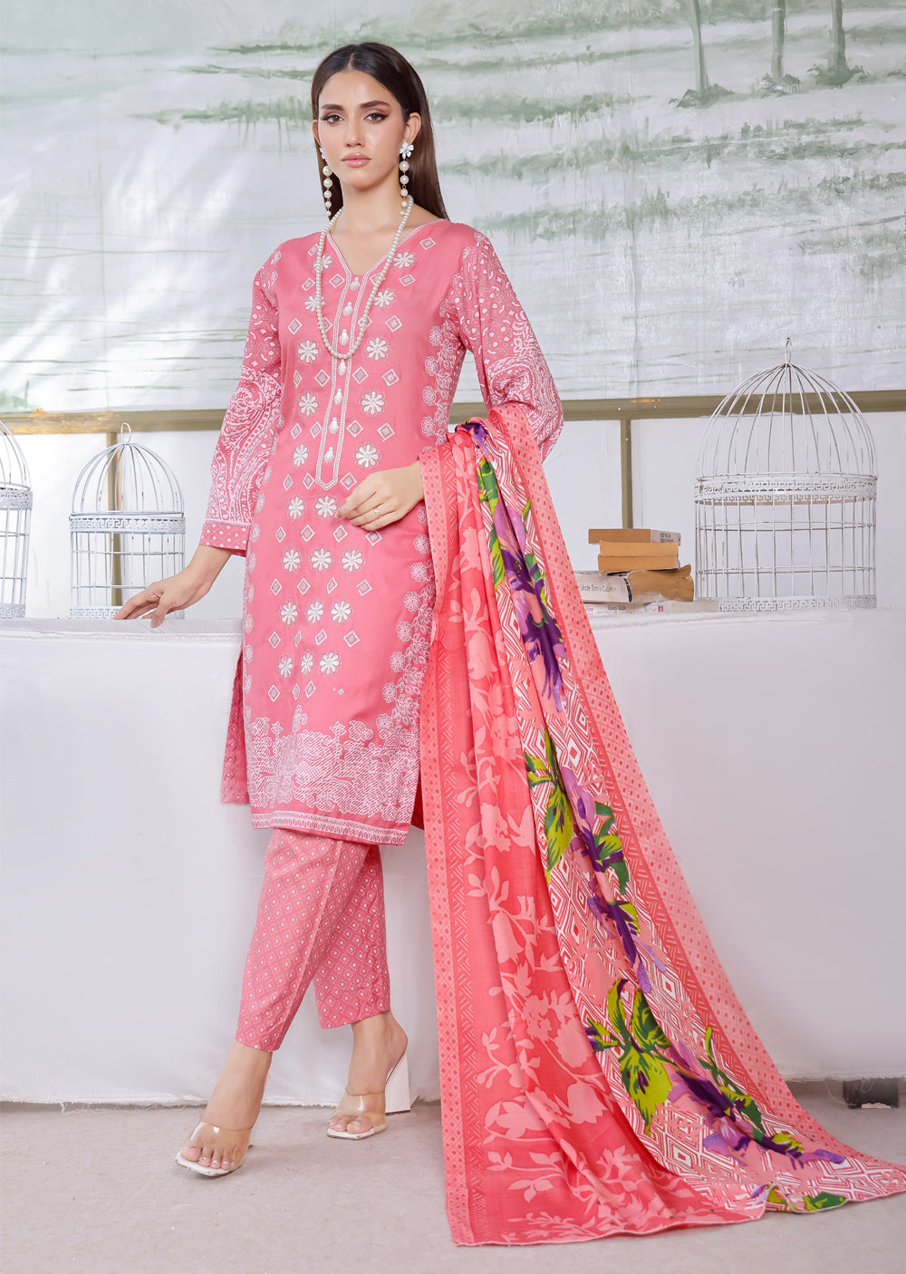 AMT5104 - Pink Readymade Linen Shawl Suit - Memsaab Online