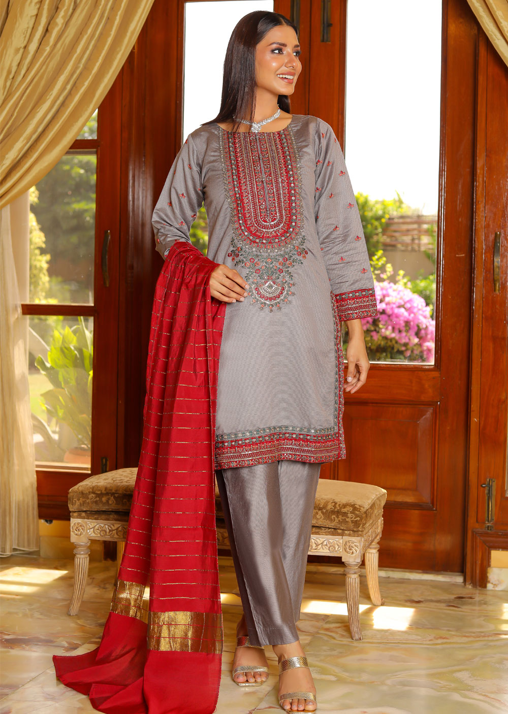 KLD310 Aaria - Grey Readymade Khadi Net Suit - Memsaab Online