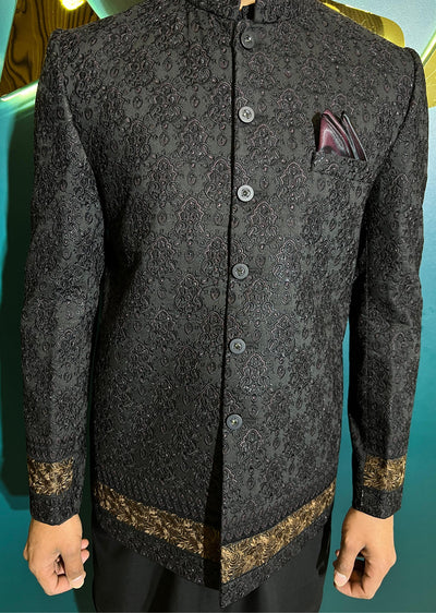 PC-704 - Black Mens Embroidered Prince Coat - Memsaab Online