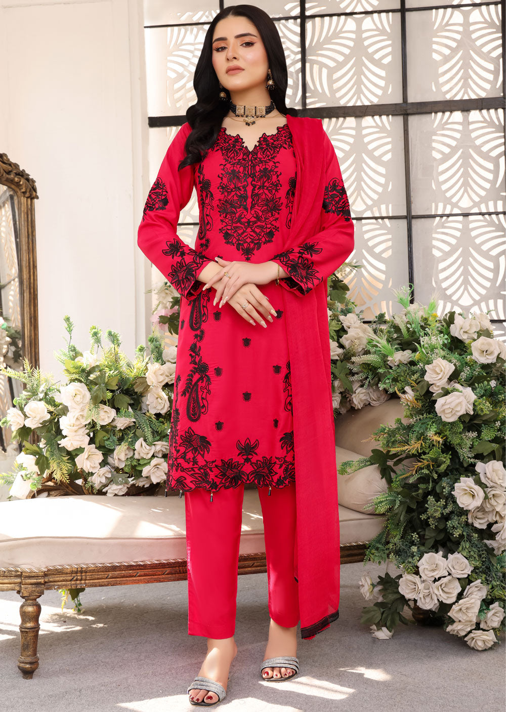 HK246 Rainma - Hot Pink Readymade Linen Suit - Memsaab Online