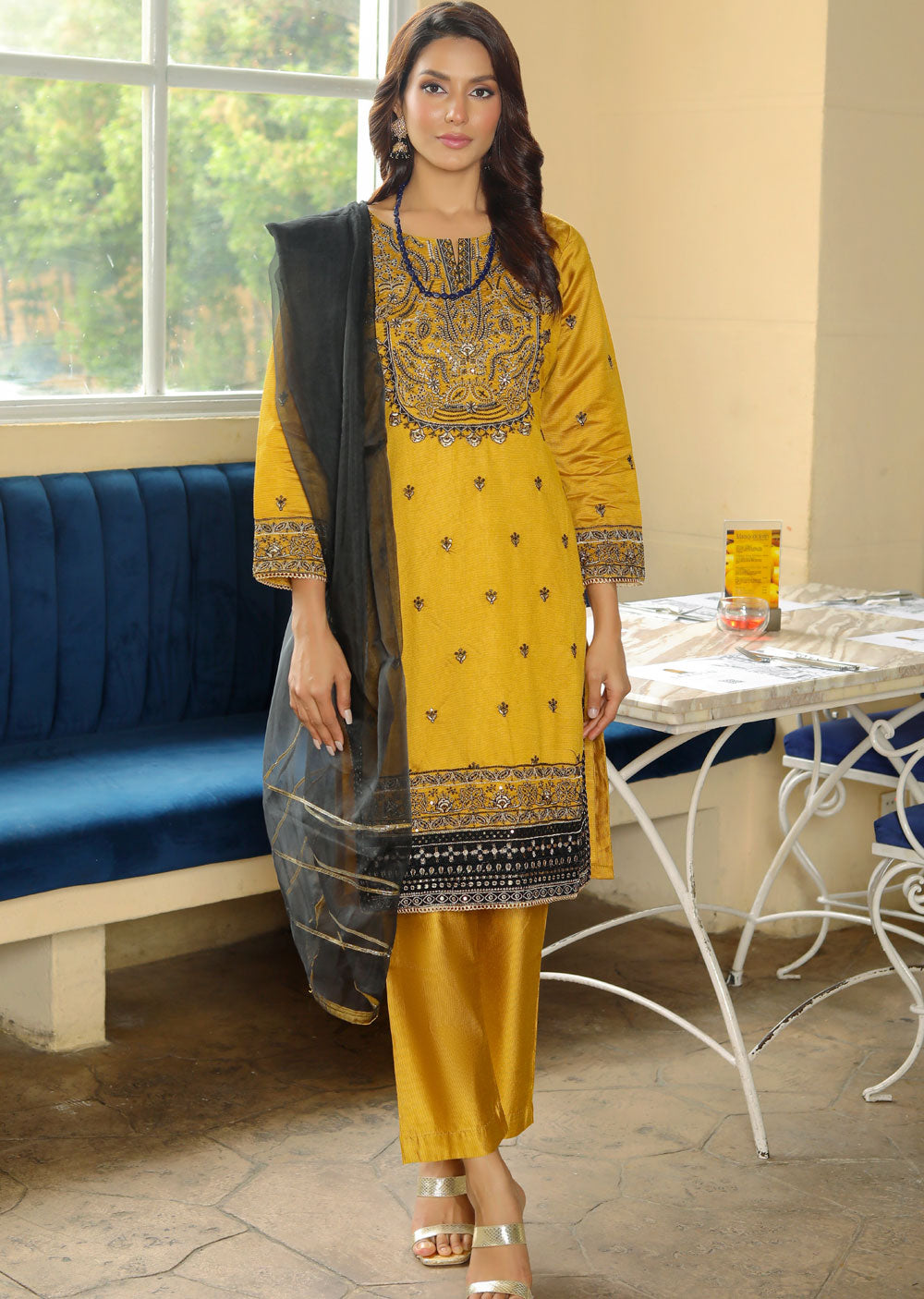 KLD312 Bahar - Mustard Readymade Khadi Net Suit - Memsaab Online