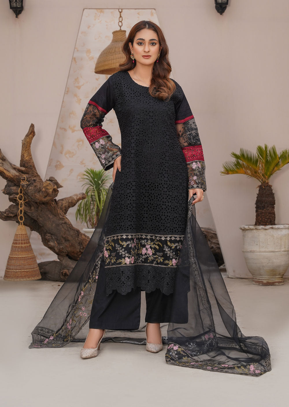 ANI101 Black readymade Chickenkari Suit - Memsaab Online