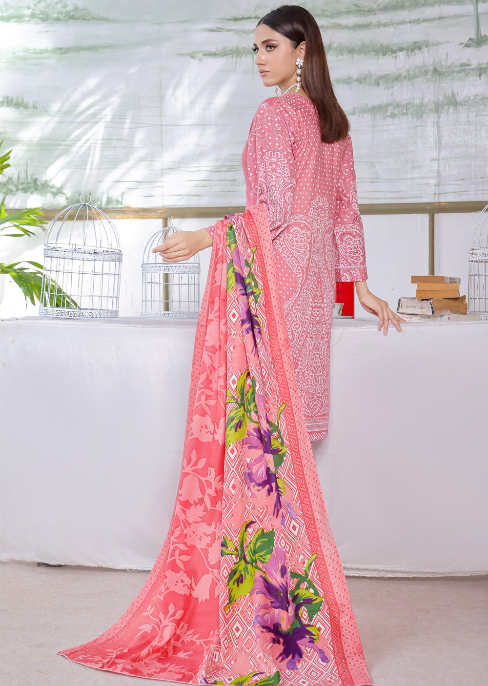 AMT5104 - Pink Readymade Linen Shawl Suit - Memsaab Online