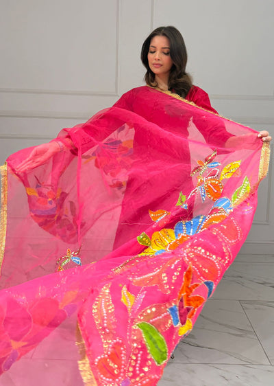 HK275 Rubru - Hot Pink Handpainted Duppatta Suit - Memsaab Online