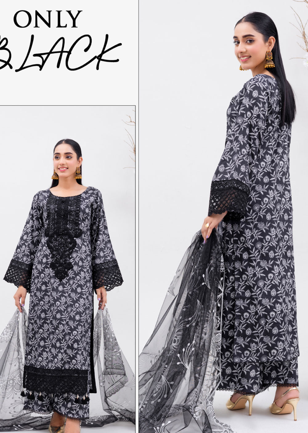 RGZ4011 Readymade Black/White Pearl Lawn Suit - Memsaab Online